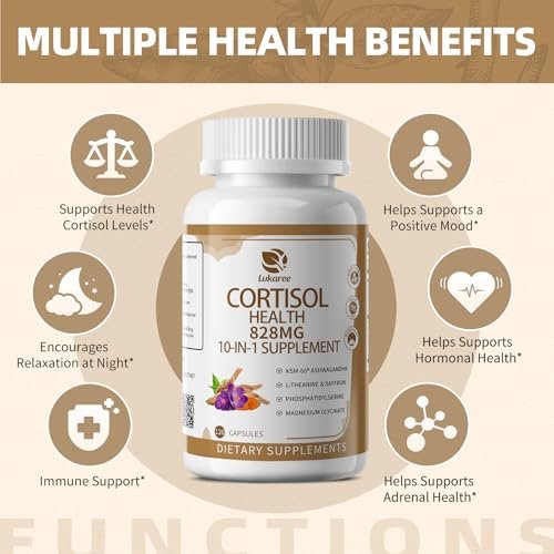 10-IN-1 Cortisol-Blocker mit KSM-66® Ashwagandha 300 mg + L-Theanin 250 mg, Magnesiumglycinat, Safran, Phosphatidylserin, Kurkuma & Vitamin C D3 B6 B5 – für Frauen & Männer, 120 Kapseln (60-Tage-Vorrat)