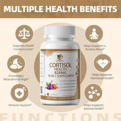 10-IN-1 Cortisol-Blocker mit KSM-66® Ashwagandha 300 mg + L-Theanin 250 mg, Magnesiumglycinat, Safran, Phosphatidylserin, Kurkuma & Vitamin C D3 B6 B5 – für Frauen & Männer, 120 Kapseln (60-Tage-Vorrat)