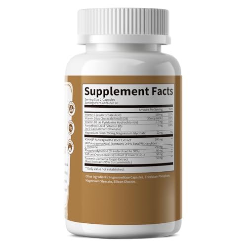 10-IN-1 Cortisol-Blocker mit KSM-66® Ashwagandha 300 mg + L-Theanin 250 mg, Magnesiumglycinat, Safran, Phosphatidylserin, Kurkuma & Vitamin C D3 B6 B5 – für Frauen & Männer, 120 Kapseln (60-Tage-Vorrat)