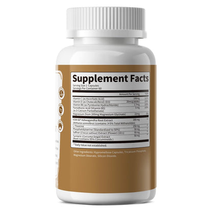 10-IN-1 Cortisol-Blocker mit KSM-66® Ashwagandha 300 mg + L-Theanin 250 mg, Magnesiumglycinat, Safran, Phosphatidylserin, Kurkuma & Vitamin C D3 B6 B5 – für Frauen & Männer, 120 Kapseln (60-Tage-Vorrat)