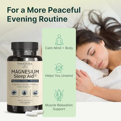 Magnesium Schlafhilfe – Magnesiumglycinat-Komplex für besseren Schlaf mit Melatonin, L-Theanin – 120 Kapseln