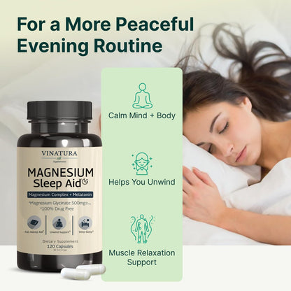 Magnesium Schlafhilfe – Magnesiumglycinat-Komplex für besseren Schlaf mit Melatonin, L-Theanin – 120 Kapseln