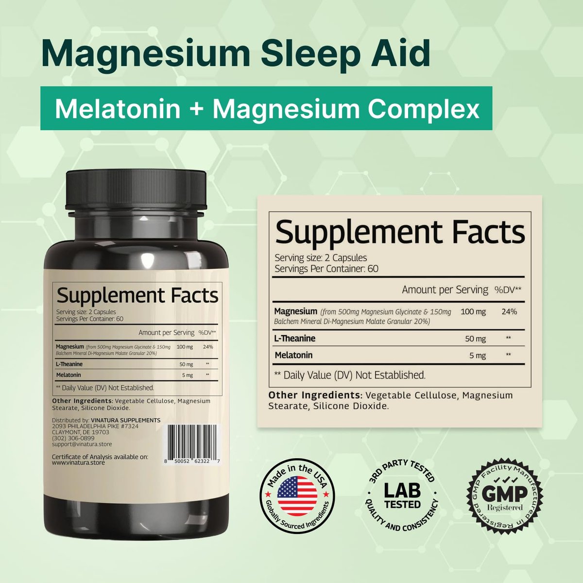 Magnesium Schlafhilfe – Magnesiumglycinat-Komplex für besseren Schlaf mit Melatonin, L-Theanin – 120 Kapseln
