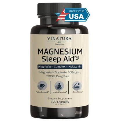 Magnesium Schlafhilfe – Magnesiumglycinat-Komplex für besseren Schlaf mit Melatonin, L-Theanin – 120 Kapseln