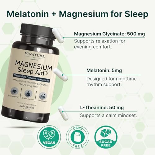 Magnesium Schlafhilfe – Magnesiumglycinat-Komplex für besseren Schlaf mit Melatonin, L-Theanin – 120 Kapseln