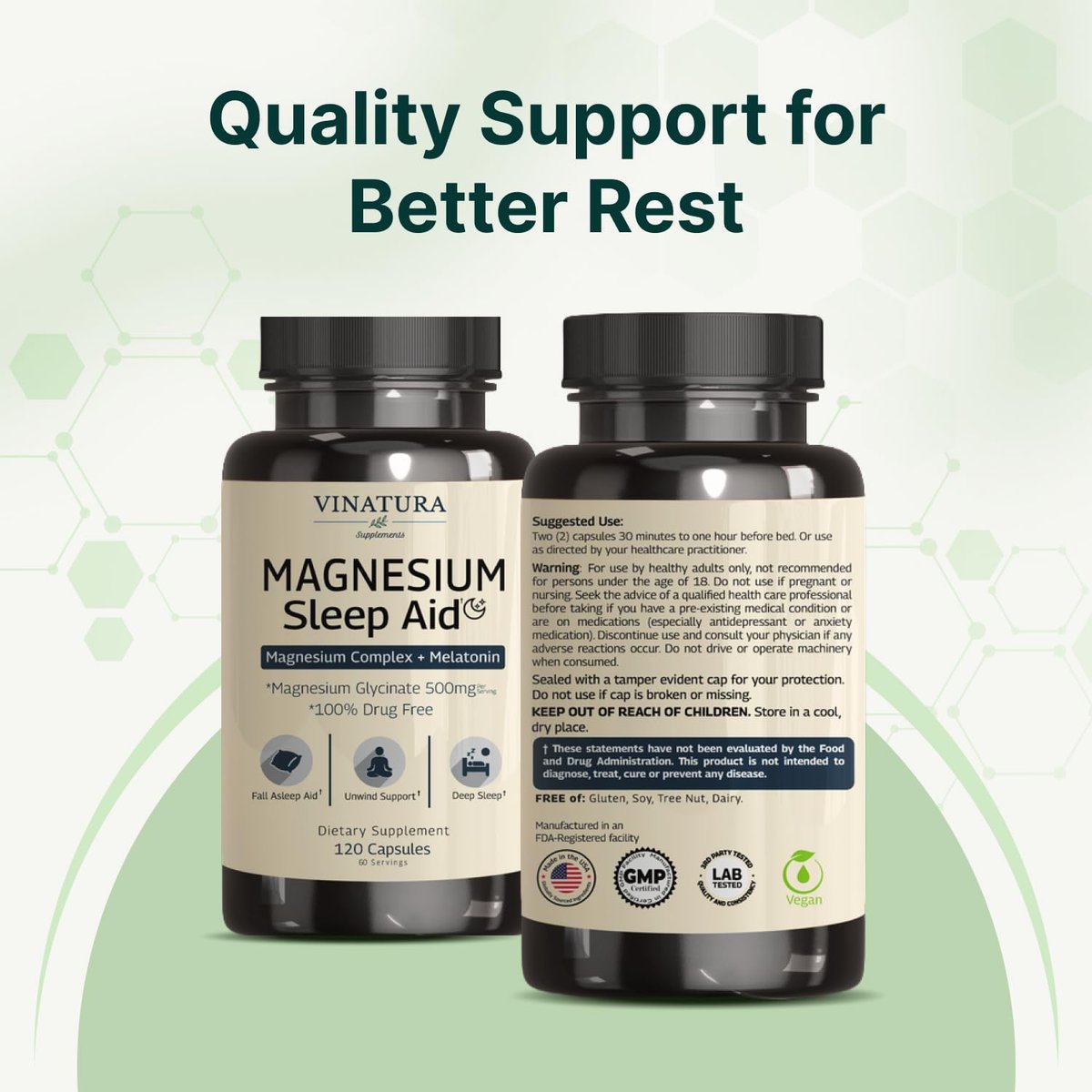 Magnesium Schlafhilfe – Magnesiumglycinat-Komplex für besseren Schlaf mit Melatonin, L-Theanin – 120 Kapseln