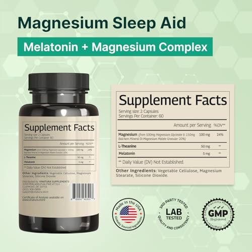 Magnesium Schlafhilfe – Magnesiumglycinat-Komplex für besseren Schlaf mit Melatonin, L-Theanin – 120 Kapseln