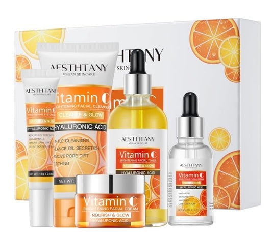 R RadiantRise Vitamin C Hautpflegeset für Frauen – 5-in-1 Feuchtigkeitspflege mit Hyaluronsäure: Gesichtsreiniger, Serum, Creme, Augencreme & Toner