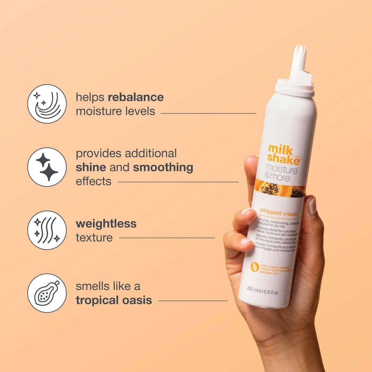 milk_shake Moisture & More Whipped Cream - Feuchtigkeitsspendender No-Rinse Haar-Moisturizer-Schaum für glänzenderes Haar und mehr Weichheit, 200 ml