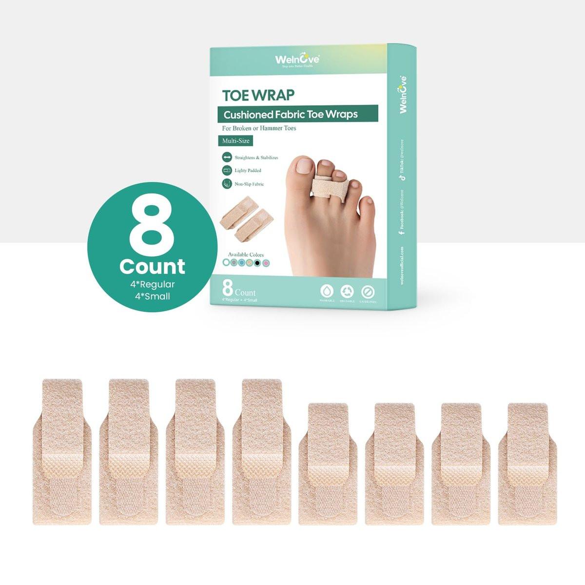 Welnove Hammerzehen-Streckgerät – 8er-Pack gebrochene Zehenwickel – Hammerzehen-Korrektor für Frauen – Zehenschienen für gekrümmte, eingekrümmte und schiefe Zehen (Multi-Größe, Beige)