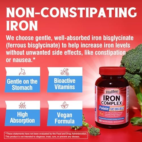Eisenpräparat für Frauen & Männer mit Vitamin C, B6, B12 & Folsäure – gegen Eisenmangel, für Blutbildung & Energie – magenfreundlich, bessere Aufnahme, Non-GMO, glutenfrei, 60 vegane Kapseln
