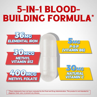 Eisenpräparat für Frauen & Männer mit Vitamin C, B6, B12 & Folsäure – gegen Eisenmangel, für Blutbildung & Energie – magenfreundlich, bessere Aufnahme, Non-GMO, glutenfrei, 60 vegane Kapseln