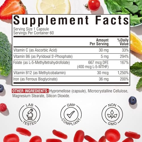 Eisenpräparat für Frauen & Männer mit Vitamin C, B6, B12 & Folsäure – gegen Eisenmangel, für Blutbildung & Energie – magenfreundlich, bessere Aufnahme, Non-GMO, glutenfrei, 60 vegane Kapseln