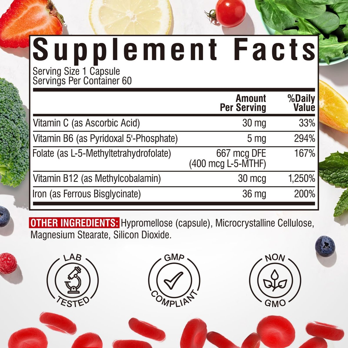 Eisenpräparat für Frauen & Männer mit Vitamin C, B6, B12 & Folsäure – gegen Eisenmangel, für Blutbildung & Energie – magenfreundlich, bessere Aufnahme, Non-GMO, glutenfrei, 60 vegane Kapseln