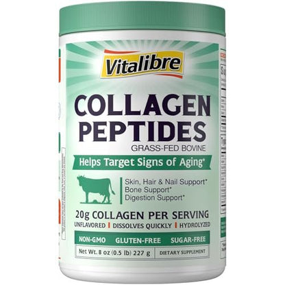 Vitalibre Rinderkollagen-Peptide Pulver für Frauen und Männer, grasgefüttertes hydrolysiertes Kollagenprotein Typ I & III, für Haut, Haare, Nägel, Knochen, Verdauung, ungewürzt, Non-GMO, keto- & glutenfrei, 11 Portionen, 227 g