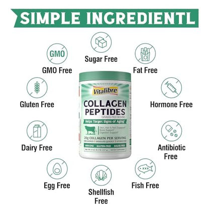Vitalibre Rinderkollagen-Peptide Pulver für Frauen und Männer, grasgefüttertes hydrolysiertes Kollagenprotein Typ I & III, für Haut, Haare, Nägel, Knochen, Verdauung, ungewürzt, Non-GMO, keto- & glutenfrei, 11 Portionen, 227 g