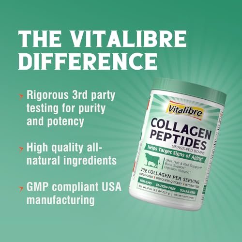 Vitalibre Rinderkollagen-Peptide Pulver für Frauen und Männer, grasgefüttertes hydrolysiertes Kollagenprotein Typ I & III, für Haut, Haare, Nägel, Knochen, Verdauung, ungewürzt, Non-GMO, keto- & glutenfrei, 11 Portionen, 227 g