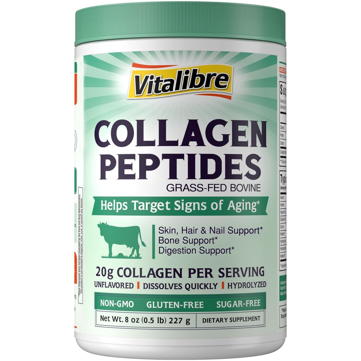 Vitalibre Rinderkollagen-Peptide Pulver für Frauen und Männer, grasgefüttertes hydrolysiertes Kollagenprotein Typ I & III, für Haut, Haare, Nägel, Knochen, Verdauung, ungewürzt, Non-GMO, keto- & glutenfrei, 11 Portionen, 227 g
