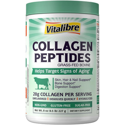 Vitalibre Rinderkollagen-Peptide Pulver für Frauen und Männer, grasgefüttertes hydrolysiertes Kollagenprotein Typ I & III, für Haut, Haare, Nägel, Knochen, Verdauung, ungewürzt, Non-GMO, keto- & glutenfrei, 11 Portionen, 227 g