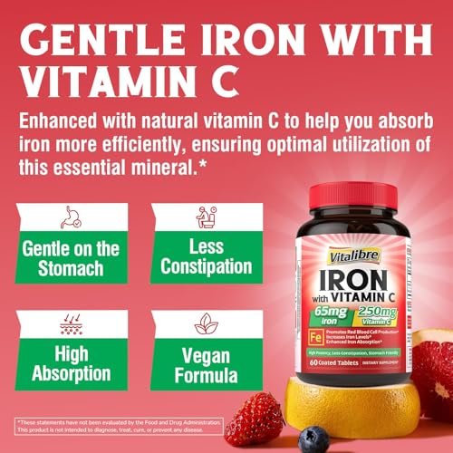 Eisenpräparat, 65 mg Carbonyleisen mit 250 mg Vitamin C, Magenfreundliche Eisenpillen für Blutbildung bei Frauen & Männern, Hohe Absorption, Keine Übelkeit, Keine Verstopfung, Nicht-GMO, Kein Gluten, 60 vegane Tabletten