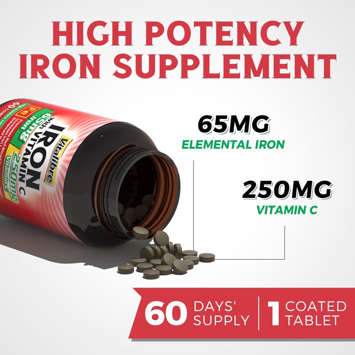 Eisenpräparat, 65 mg Carbonyleisen mit 250 mg Vitamin C, Magenfreundliche Eisenpillen für Blutbildung bei Frauen & Männern, Hohe Absorption, Keine Übelkeit, Keine Verstopfung, Nicht-GMO, Kein Gluten, 60 vegane Tabletten