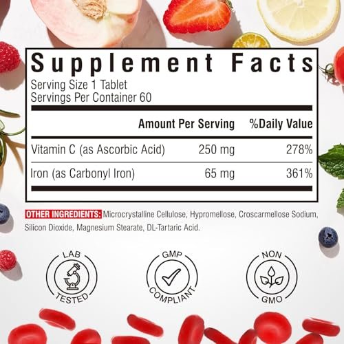 Eisenpräparat, 65 mg Carbonyleisen mit 250 mg Vitamin C, Magenfreundliche Eisenpillen für Blutbildung bei Frauen & Männern, Hohe Absorption, Keine Übelkeit, Keine Verstopfung, Nicht-GMO, Kein Gluten, 60 vegane Tabletten