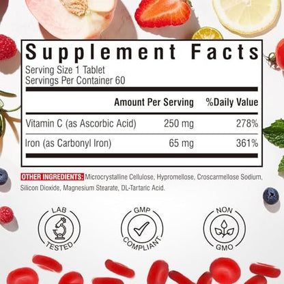 Eisenpräparat, 65 mg Carbonyleisen mit 250 mg Vitamin C, Magenfreundliche Eisenpillen für Blutbildung bei Frauen & Männern, Hohe Absorption, Keine Übelkeit, Keine Verstopfung, Nicht-GMO, Kein Gluten, 60 vegane Tabletten