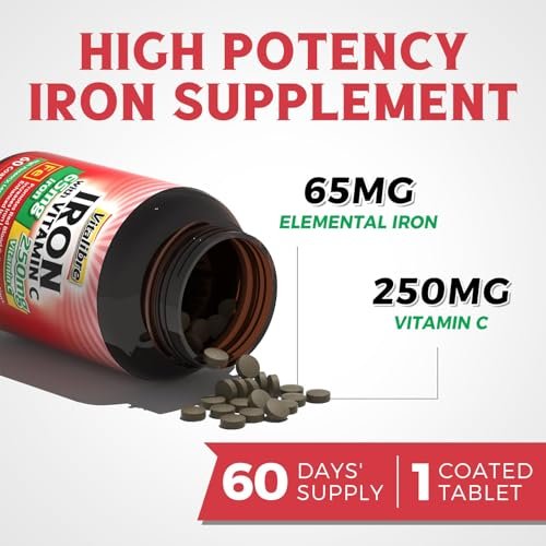 Eisenpräparat, 65 mg Carbonyleisen mit 250 mg Vitamin C, Magenfreundliche Eisenpillen für Blutbildung bei Frauen & Männern, Hohe Absorption, Keine Übelkeit, Keine Verstopfung, Nicht-GMO, Kein Gluten, 60 vegane Tabletten