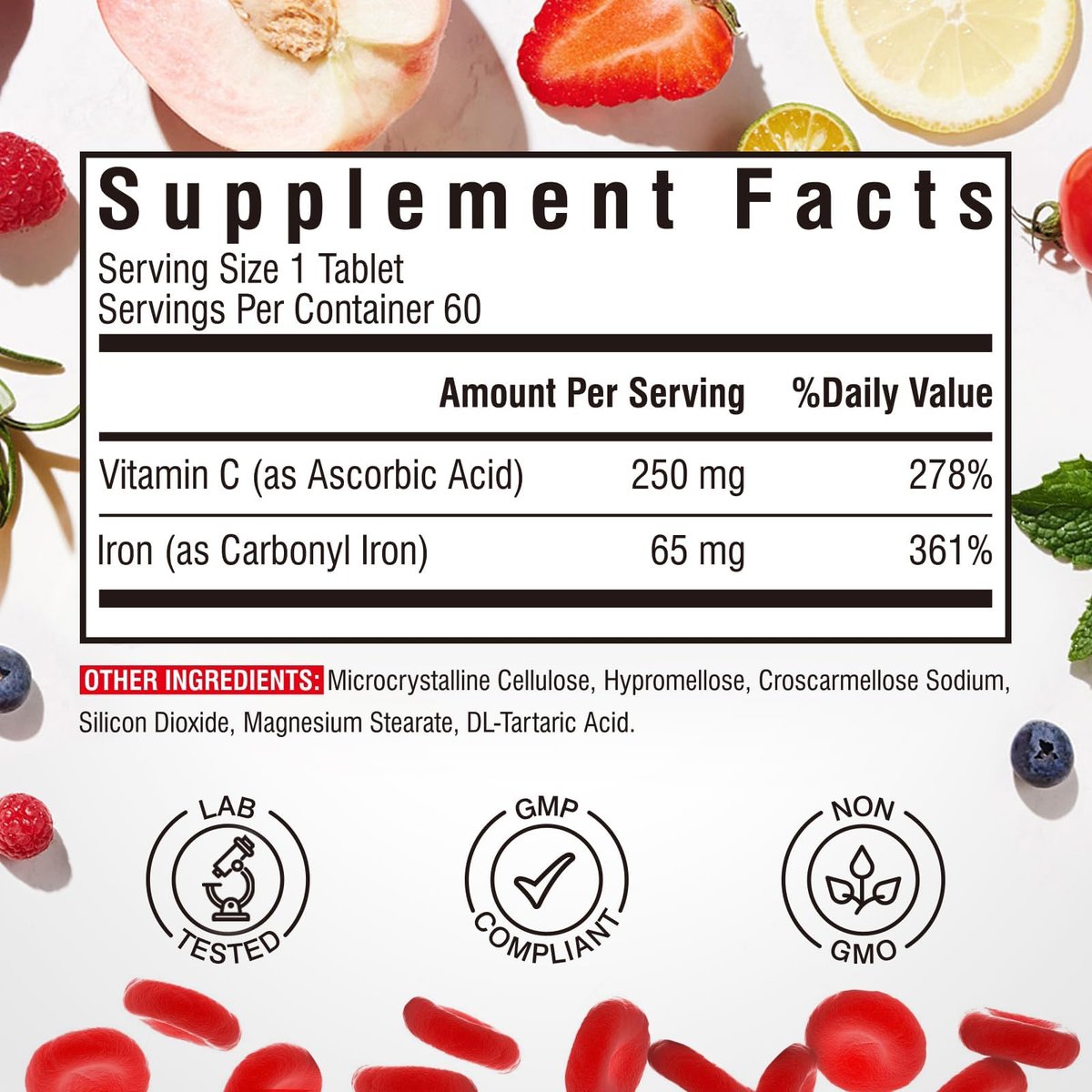 Eisenpräparat, 65 mg Carbonyleisen mit 250 mg Vitamin C, Magenfreundliche Eisenpillen für Blutbildung bei Frauen & Männern, Hohe Absorption, Keine Übelkeit, Keine Verstopfung, Nicht-GMO, Kein Gluten, 60 vegane Tabletten