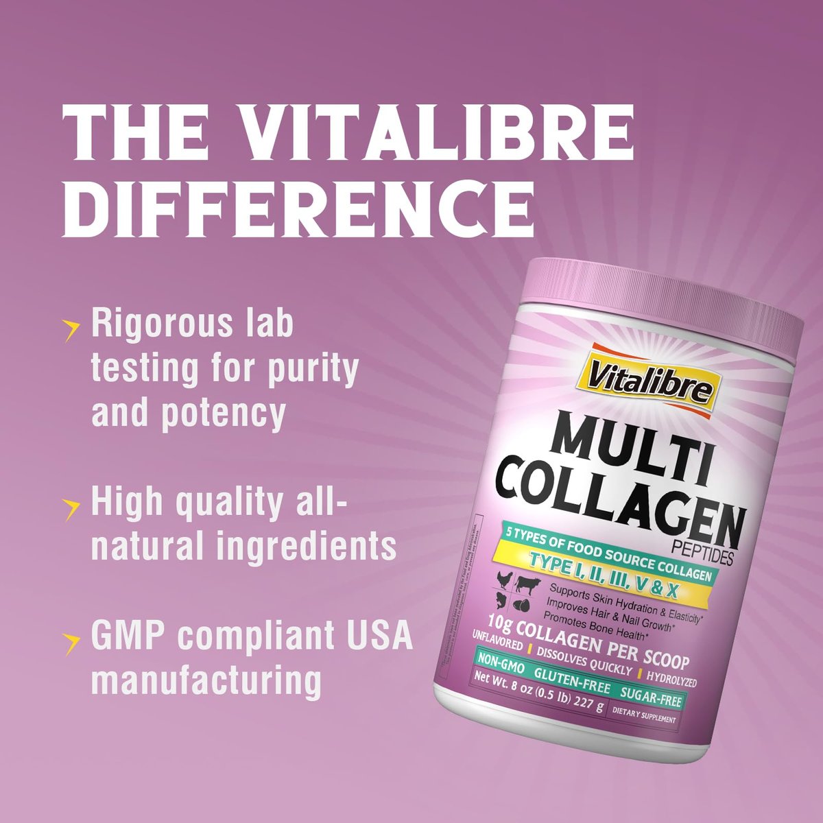 Vitalibre Multi Collagen Peptide Pulver Typ I II III V X – Hydrolysiertes Kollagenprotein für Frauen und Männer, für Haut, Haare, Nägel, ungesüßt, Non-GMO, Keto & Glutenfrei, Null Zucker, 22 Portionen, 227 g