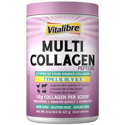 Vitalibre Multi Collagen Peptide Pulver Typ I II III V X – Hydrolysiertes Kollagenprotein für Frauen und Männer, für Haut, Haare, Nägel, ungesüßt, Non-GMO, Keto & Glutenfrei, Null Zucker, 22 Portionen, 227 g