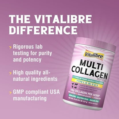 Vitalibre Multi Collagen Peptide Pulver Typ I II III V X – Hydrolysiertes Kollagenprotein für Frauen und Männer, für Haut, Haare, Nägel, ungesüßt, Non-GMO, Keto & Glutenfrei, Null Zucker, 22 Portionen, 227 g