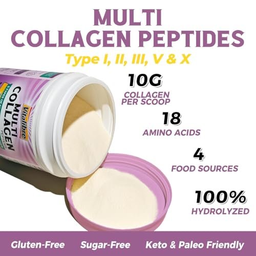 Vitalibre Multi Collagen Peptide Pulver Typ I II III V X – Hydrolysiertes Kollagenprotein für Frauen und Männer, für Haut, Haare, Nägel, ungesüßt, Non-GMO, Keto & Glutenfrei, Null Zucker, 22 Portionen, 227 g