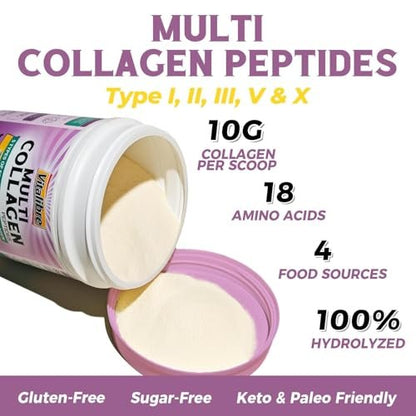 Vitalibre Multi Collagen Peptide Pulver Typ I II III V X – Hydrolysiertes Kollagenprotein für Frauen und Männer, für Haut, Haare, Nägel, ungesüßt, Non-GMO, Keto & Glutenfrei, Null Zucker, 22 Portionen, 227 g