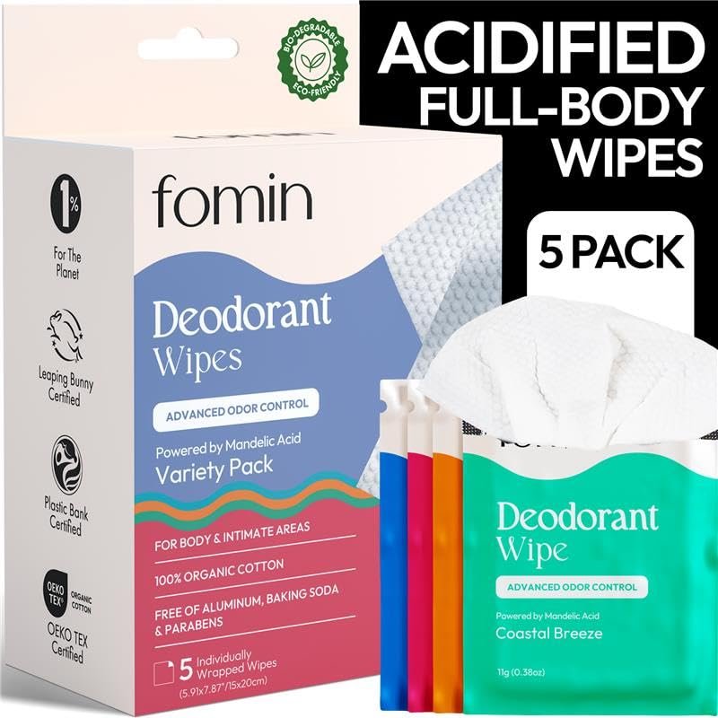 FOMIN Säurehaltige Reise-Deodoranttücher für Damen & Herren – 5 Stück – pH-ausgeglichene, mini Deo-Reisetücher – plastikfrei, einzeln verpackte Achsel- und Körperfeuchttücher