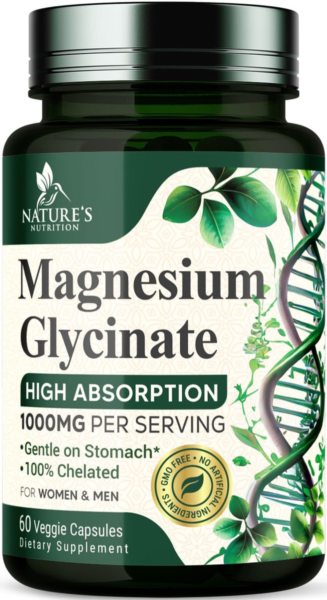 Magnesiumglycinat 1000 mg pro Portion – Chelatiertes Magnesium für Knochen-, Muskel-, Nerven- und Herzgesundheit – Ultimative Absorption – Natürlicher Schlafunterstützer – 60 Kapseln