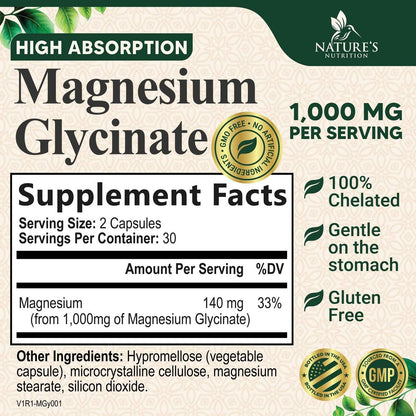 Magnesiumglycinat 1000 mg pro Portion – Chelatiertes Magnesium für Knochen-, Muskel-, Nerven- und Herzgesundheit – Ultimative Absorption – Natürlicher Schlafunterstützer – 60 Kapseln