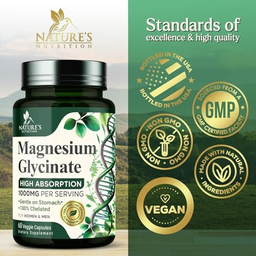 Magnesiumglycinat 1000 mg pro Portion – Chelatiertes Magnesium für Knochen-, Muskel-, Nerven- und Herzgesundheit – Ultimative Absorption – Natürlicher Schlafunterstützer – 60 Kapseln