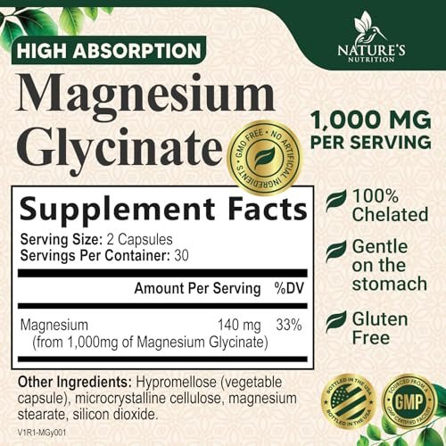 Magnesiumglycinat 1000 mg pro Portion – Chelatiertes Magnesium für Knochen-, Muskel-, Nerven- und Herzgesundheit – Ultimative Absorption – Natürlicher Schlafunterstützer – 60 Kapseln