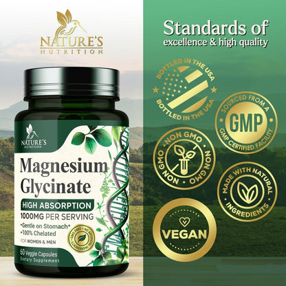 Magnesiumglycinat 1000 mg pro Portion – Chelatiertes Magnesium für Knochen-, Muskel-, Nerven- und Herzgesundheit – Ultimative Absorption – Natürlicher Schlafunterstützer – 60 Kapseln