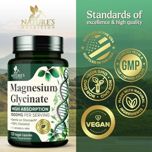 Magnesium Glycinat 1000mg pro Portion - Chelatiertes Magnesium für Knochen, Muskeln, Nerven & Herz - Hoch absorbierbar - Natürlicher Schlafunterstützer - 120 Kapseln