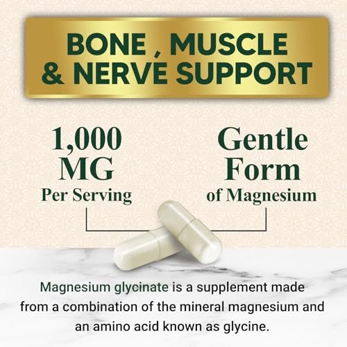 Magnesium Glycinat 1000mg pro Portion - Chelatiertes Magnesium für Knochen, Muskeln, Nerven & Herz - Hoch absorbierbar - Natürlicher Schlafunterstützer - 120 Kapseln