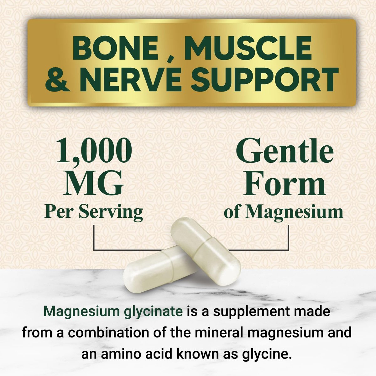 Magnesium Glycinat 1000mg pro Portion - Chelatiertes Magnesium für Knochen, Muskeln, Nerven & Herz - Hoch absorbierbar - Natürlicher Schlafunterstützer - 120 Kapseln
