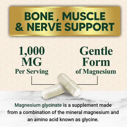 Magnesium Glycinat 1000mg pro Portion - Chelatiertes Magnesium für Knochen, Muskeln, Nerven & Herz - Hoch absorbierbar - Natürlicher Schlafunterstützer - 120 Kapseln