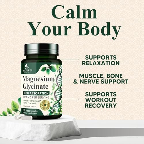 Magnesium Glycinat 1000mg pro Portion - Chelatiertes Magnesium für Knochen, Muskeln, Nerven & Herz - Hoch absorbierbar - Natürlicher Schlafunterstützer - 120 Kapseln