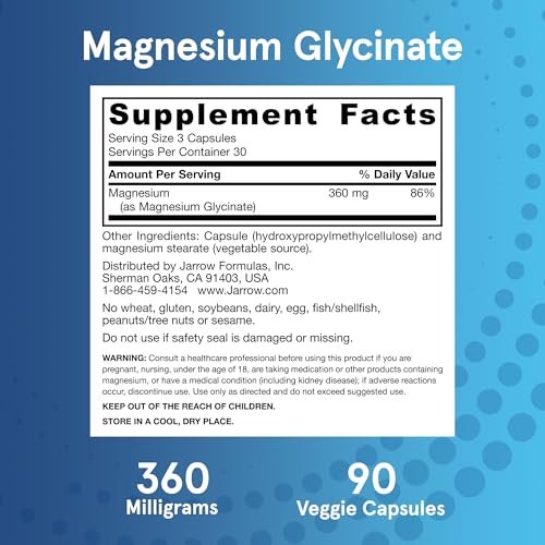 Jarrow Formulas Magnesium Glycinat Kapseln – 360 mg Magnesium pro Portion, unterstützt Entspannung und gesunden Schlaf, 90 Kapseln, 30 Tage Vorrat