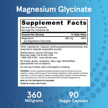 Jarrow Formulas Magnesium Glycinat Kapseln – 360 mg Magnesium pro Portion, unterstützt Entspannung und gesunden Schlaf, 90 Kapseln, 30 Tage Vorrat
