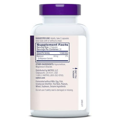 Natrol Magnesium Glycinate 240 mg – Hochabsorbierendes Magnesium für Ruhe und Schlaf – 60 Kapseln, 30 Tage