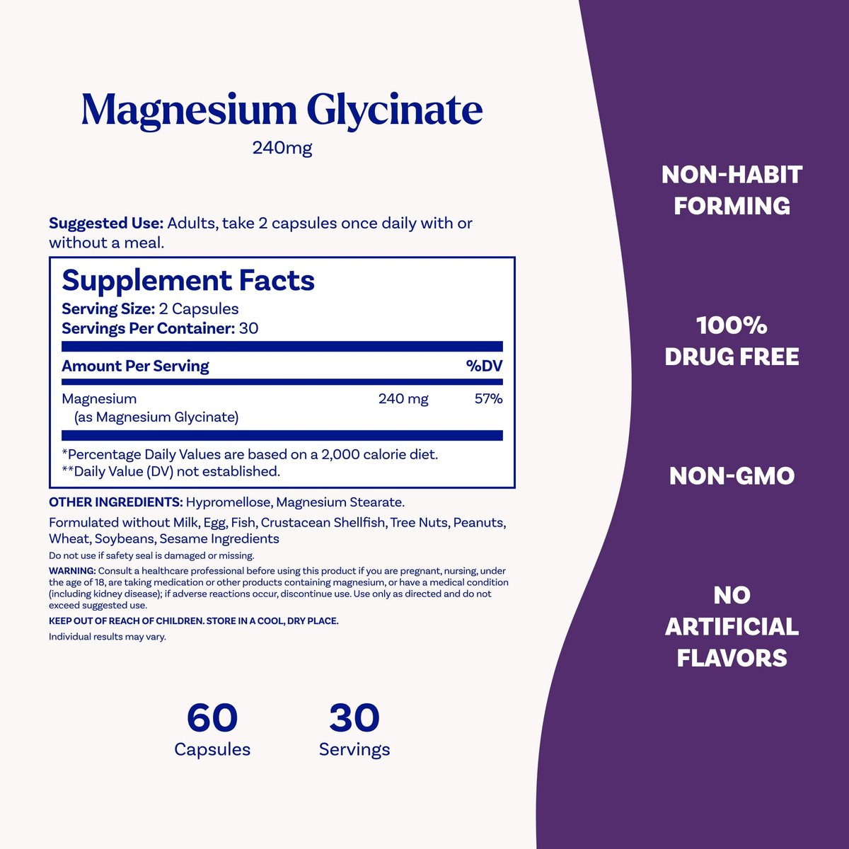 Natrol Magnesium Glycinate 240 mg – Hochabsorbierendes Magnesium für Ruhe und Schlaf – 60 Kapseln, 30 Tage
