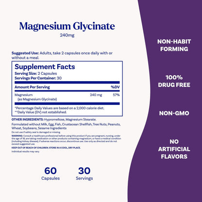 Natrol Magnesium Glycinate 240 mg – Hochabsorbierendes Magnesium für Ruhe und Schlaf – 60 Kapseln, 30 Tage